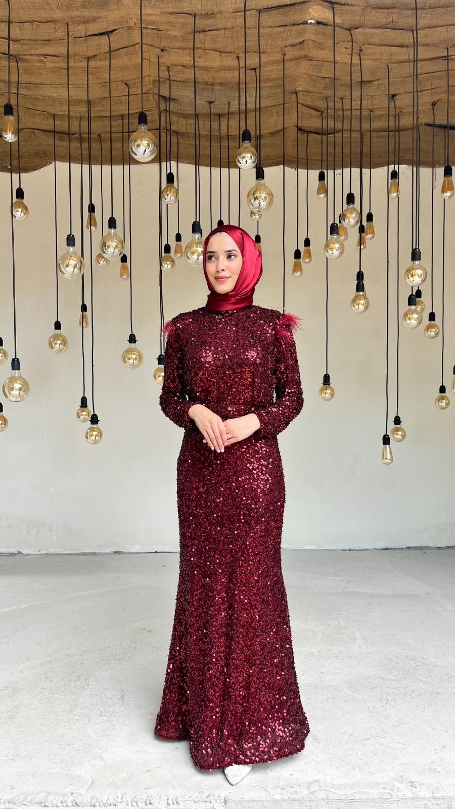 Pul Detay Abiye Bordo