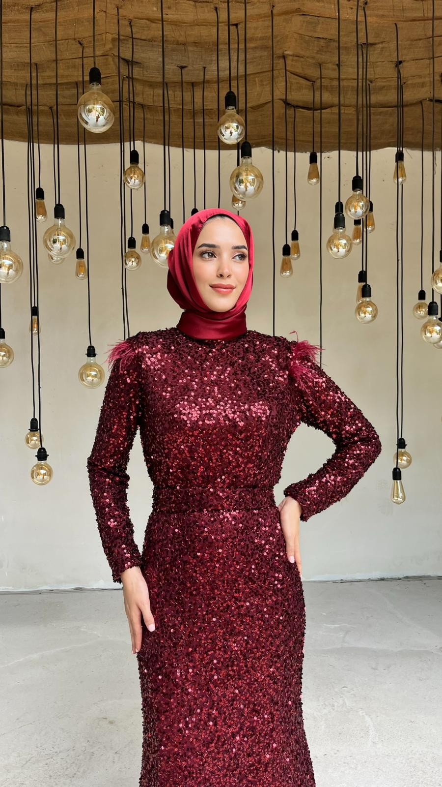 Pul Detay Abiye Bordo