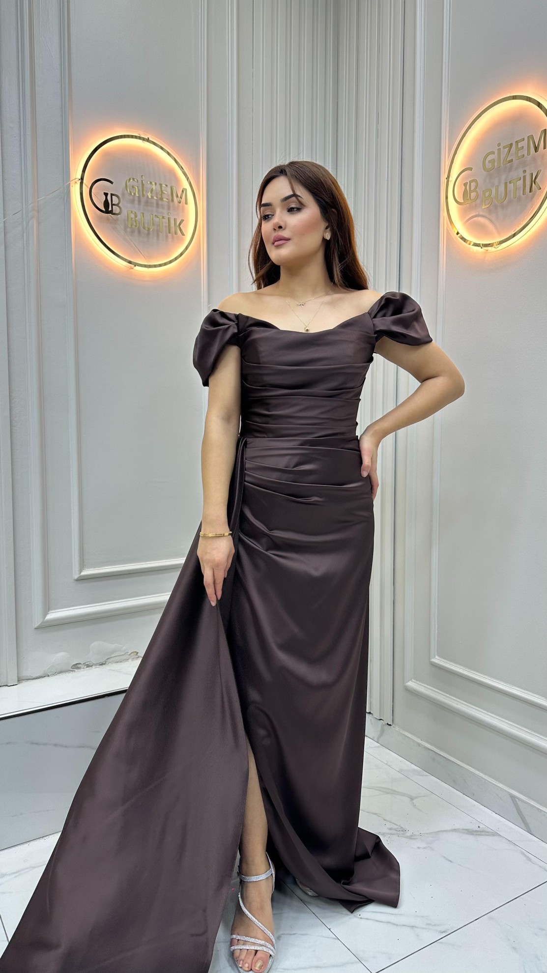 Balon Kol Abiye Kahverengi